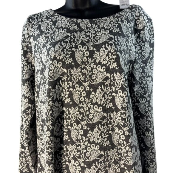 Loft Gray & White Floral Long-Sleeve Dress Size M With Back Zipper - Picture 2 of 11
